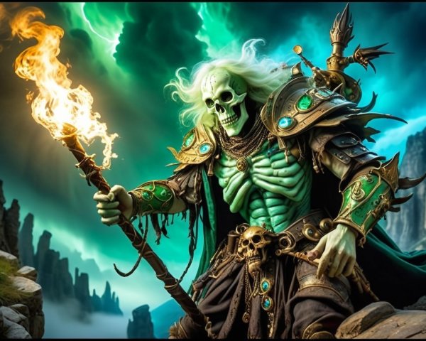 Skeletal Figure in Armor with Fiery Staff and Stormy Sky