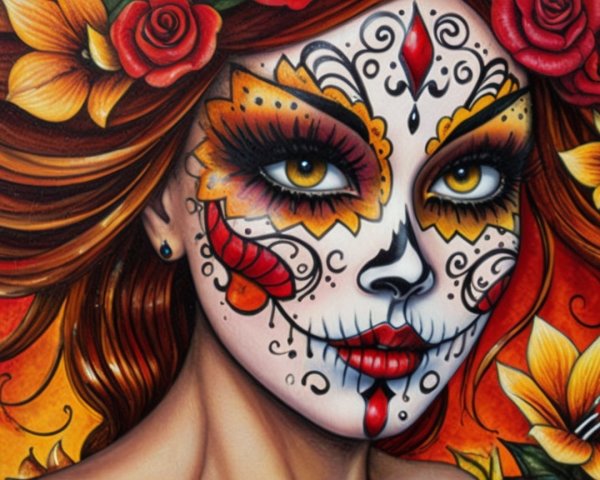 Colorful Painting of Woman with Sugar Skull Makeup