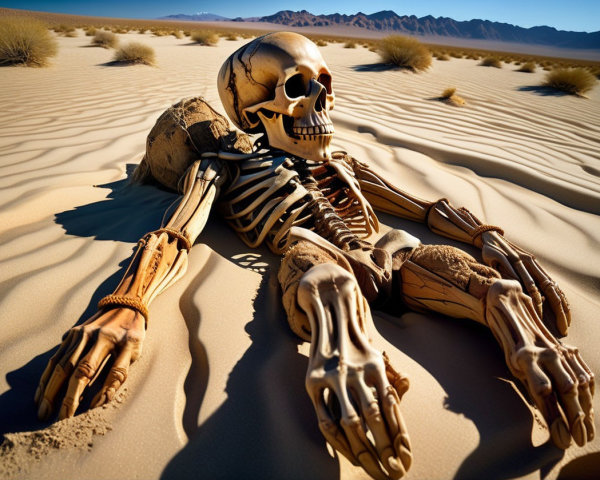 Skeletal Figure in Desert Landscape with Dunes and Sky