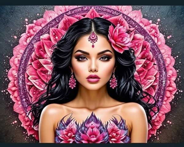 Illustration of a woman with floral patterns and mandala