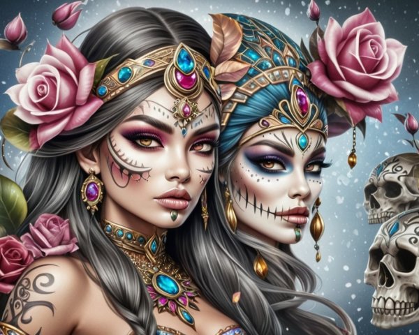 Enchanting Women with Intricate Makeup and Jewelry