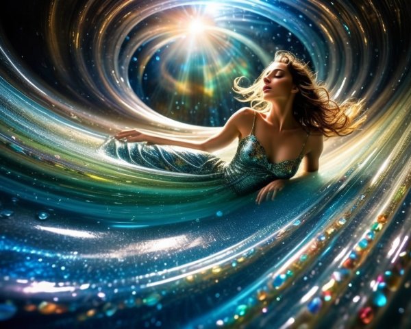 Ethereal Figure in Flowing Gown Amidst Colorful Light