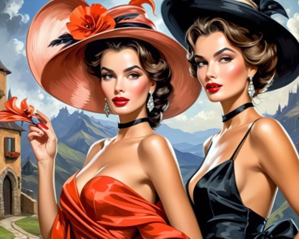 Elegant Women in Vibrant Hats Against Scenic Backdrop