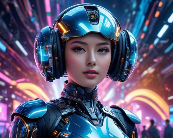 Futuristic Female Cyborg in Neon Cyberpunk Setting
