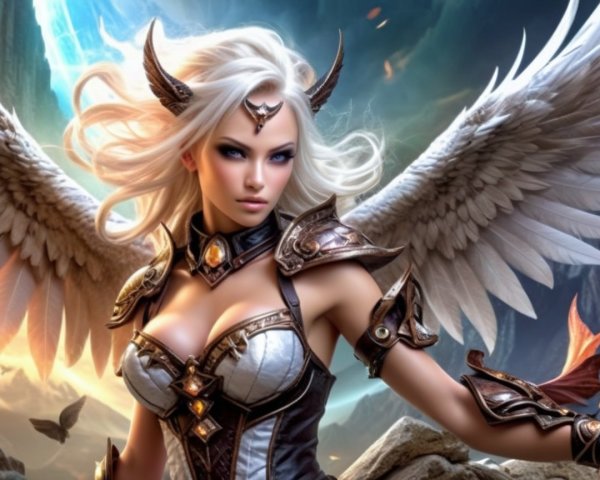Winged Warrior in Ornate Armor with Mystical Background