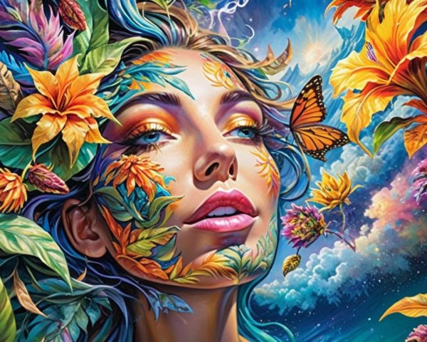 Woman Surrounded by Colorful Flowers and Butterflies