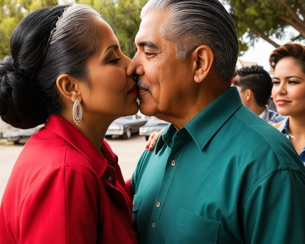 Couple Sharing a Tender Moment Outdoors with Friends