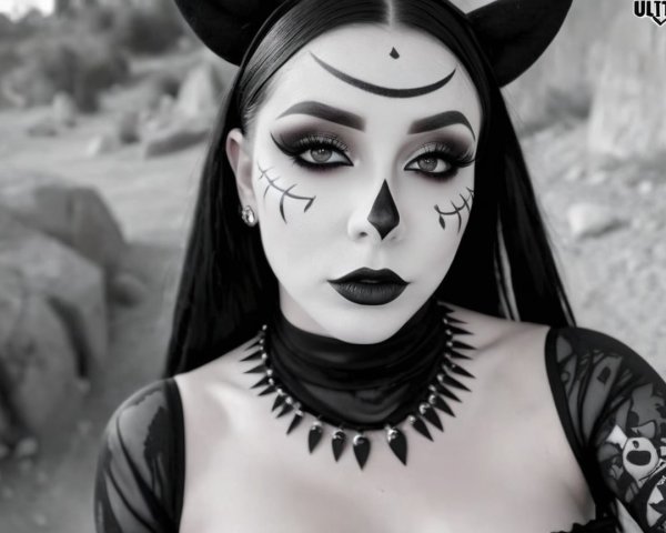 Black-and-White Portrait of a Woman with Face Makeup