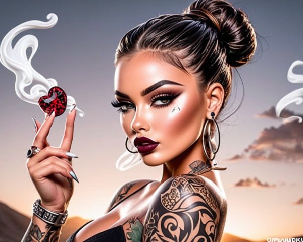 Glamorous Woman with Heart Object and Dramatic Setting
