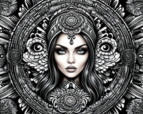 Monochromatic Illustration of a Woman with Headdress