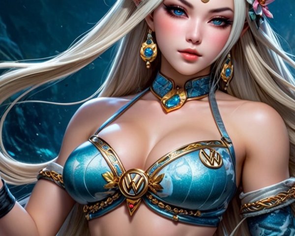 Fantasy Character in Blue and Gold Underwater Setting