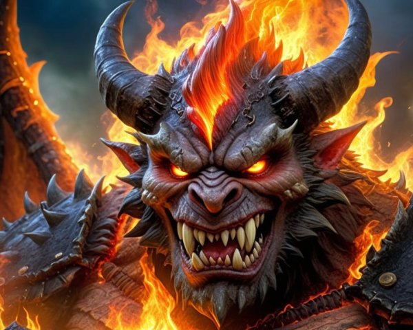 Horned Demon in Flames with Glowing Eyes and Armor