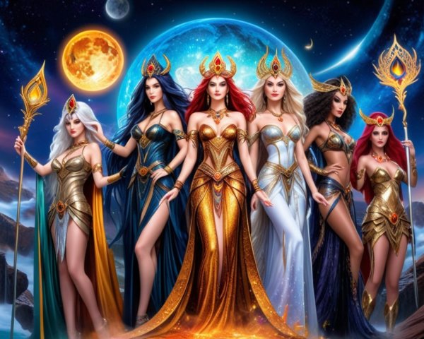 Elegant Women in Colorful Gowns Under Starry Sky