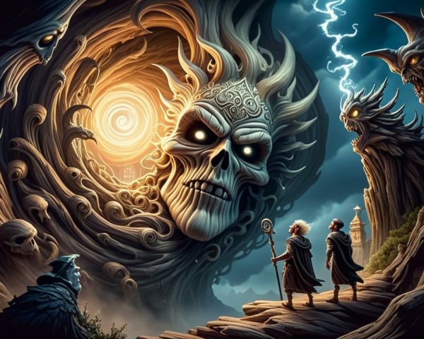 Colossal Skull Surrounded by Ethereal Light and Shadows