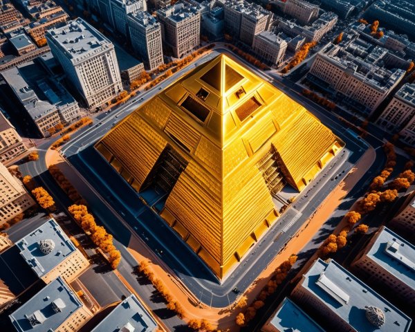Aerial View of Golden Pyramid Amid Urban Architecture