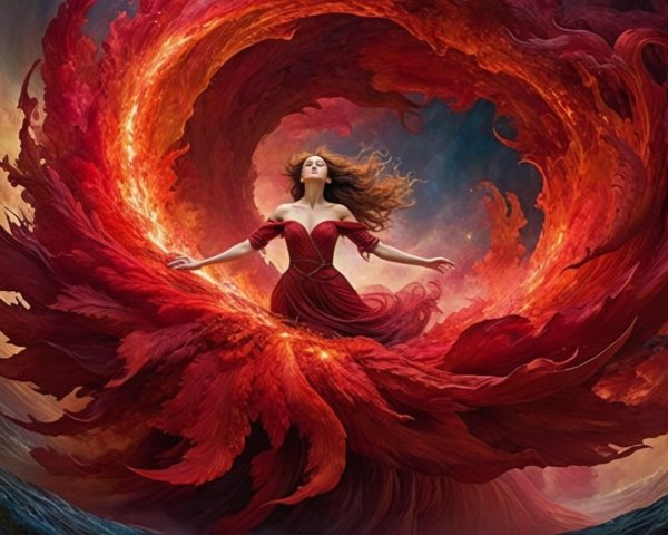 Woman in Red Gown Surrounded by Flames and Color