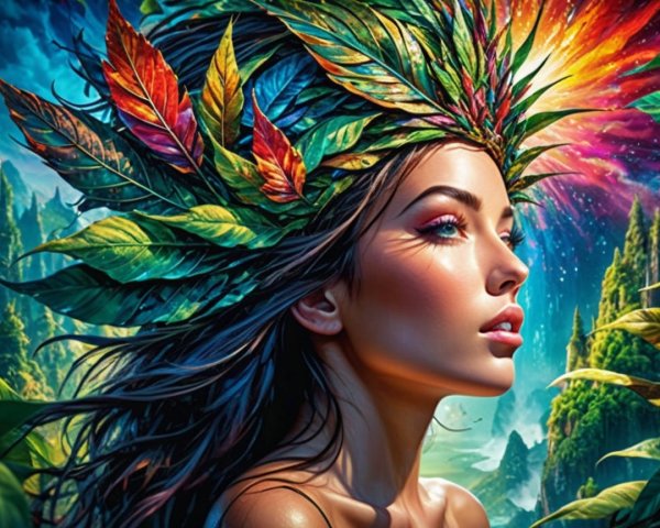 Woman with Dark Hair and Colorful Leaf Crown in Nature
