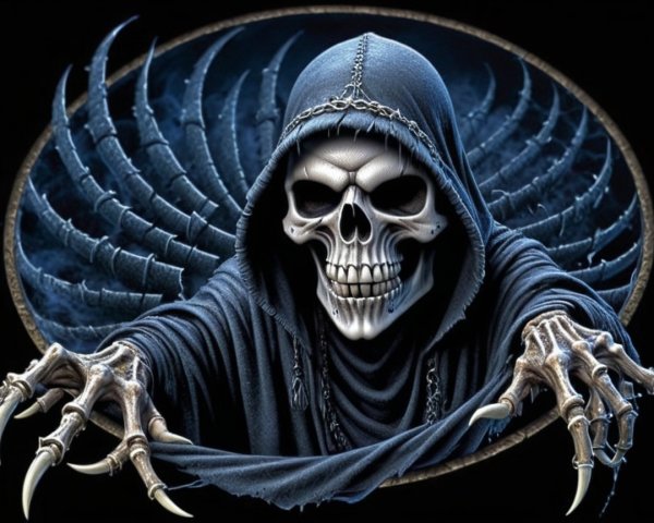 Menacing cloaked figure with skeletal face and claws