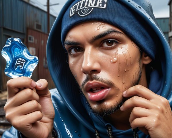 Close-up of a young man in a blue hoodie outdoors