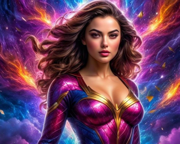 Superheroine in Cosmic Background with Vibrant Colors