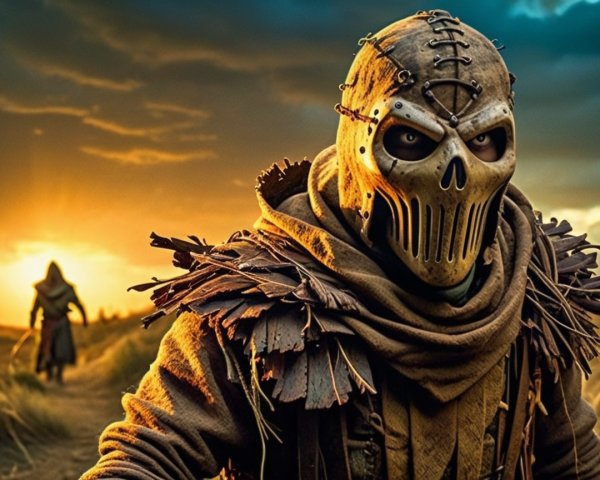 Mysterious Figure in Dramatic Sunset Landscape