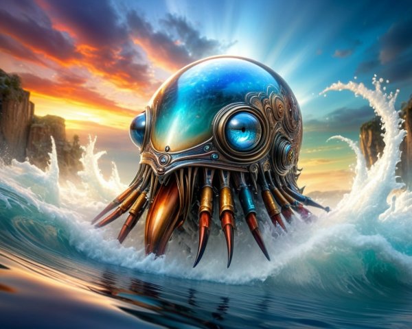 Mechanical Octopus Emerges from Vibrant Ocean Waves