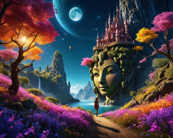 Mystical Landscape with Vibrant Flowers and Castle