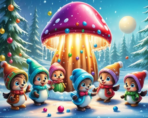 Whimsical Digital Painting of Winter Gnome Chipmunks