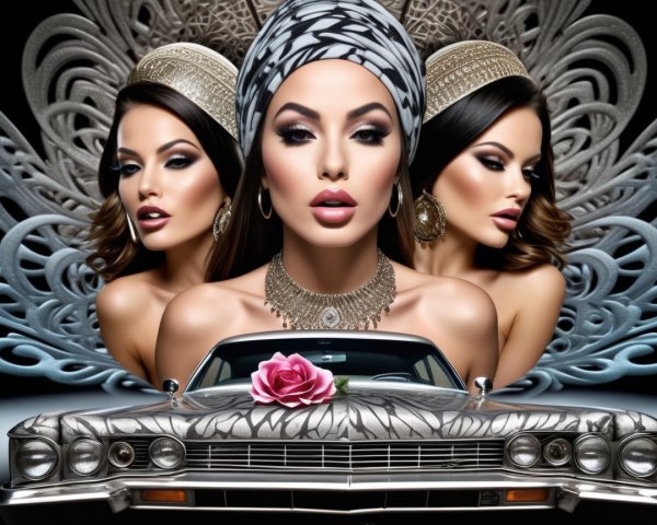 Digital Art of Glamorous Women with Vintage Car