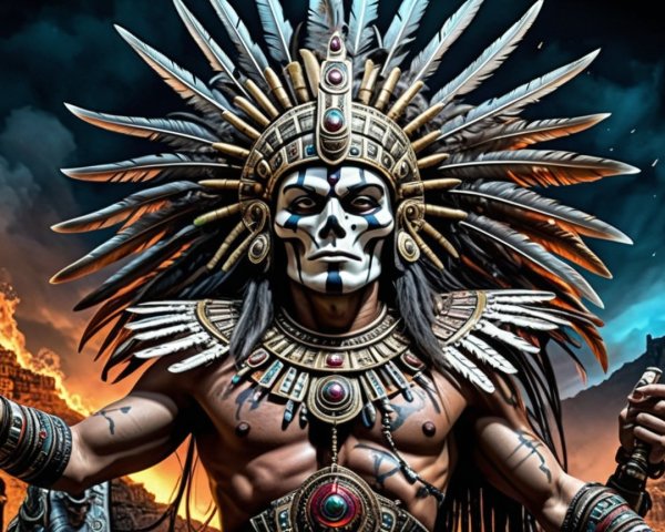 Tribal Warrior in Elaborate Attire Against Fiery Backdrop