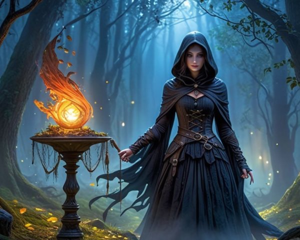Cloaked Figure by Glowing Orb in Mystical Forest