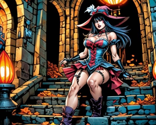 Confident Female Character on Stone Staircase in Gothic Style