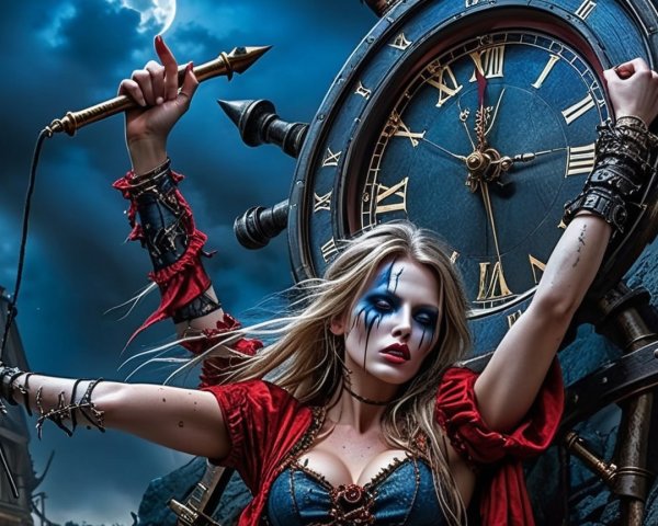 Gothic Woman in Dramatic Costume Before Oversized Clock