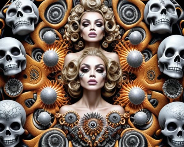 Stylized Figures with Elaborate Hairstyles and Makeup