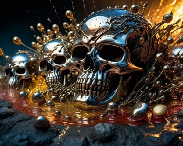 Polished chrome skulls in molten gold and red liquid