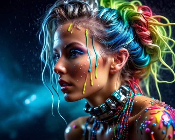 Close-Up of Young Woman with Multicolored Hair and Art