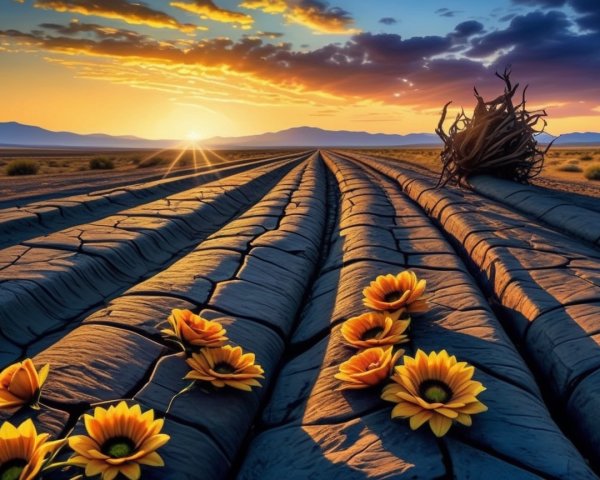 Vibrant Sunset Landscape with Cracked Earth and Flowers