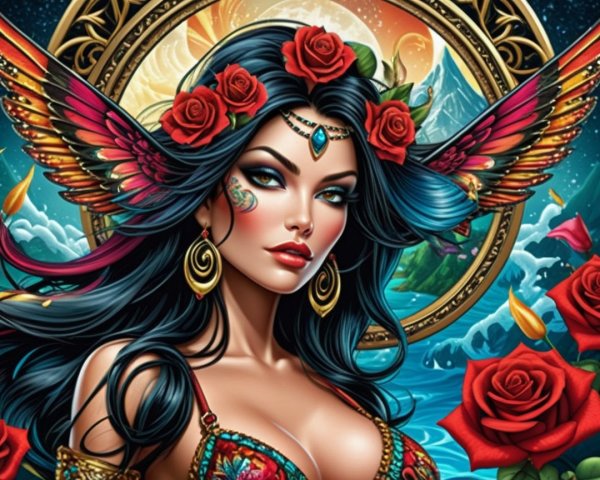 Ethereal Woman with Tattoos and Mystical Background