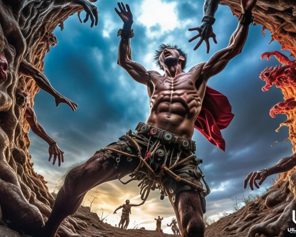 Muscular Hero at Abyss with Eerie Clawed Hands