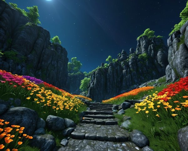 Serene Pathway Through Vibrant Flower Fields and Cliffs