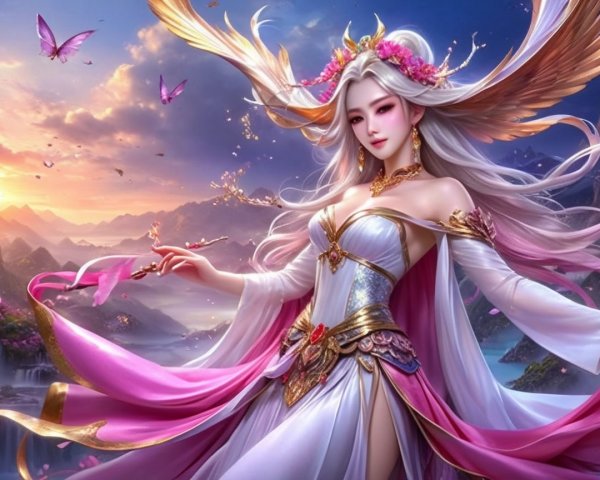 Goddess in Vibrant Landscape with Butterflies and Mountains