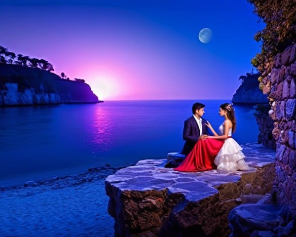 Romantic Sunset Scene with Couple by the Ocean