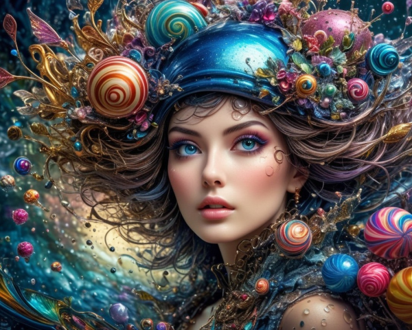 Portrait of a Woman with Colorful Headdress and Makeup