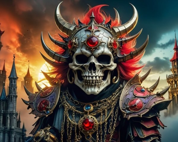 Menacing Warrior in Ornate Armor Against Dark Backdrop