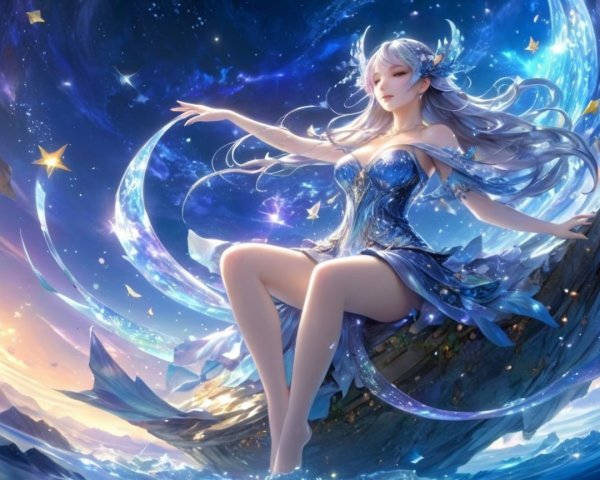 Celestial Figure in Ethereal Blue Gown Amidst Cosmos