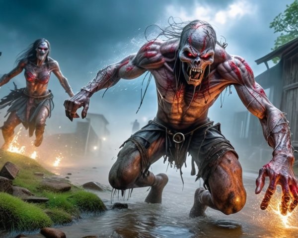 Humanoid Creatures in Dark Swamp Landscape