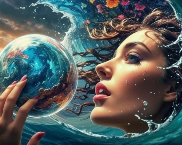 Surreal Image of Woman with Wave and Globe