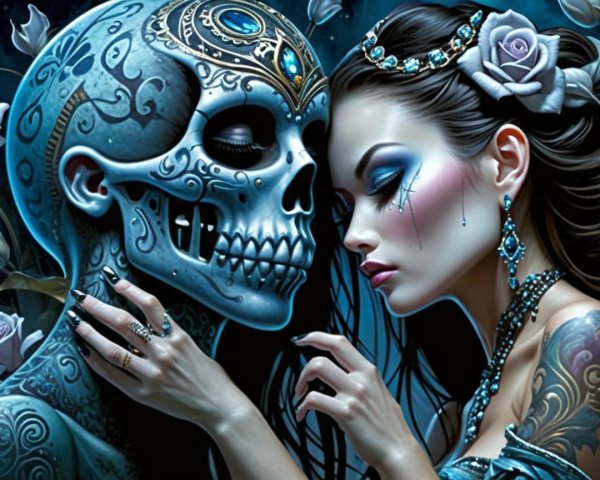 Surreal Artwork of Woman and Skull with Blue Roses