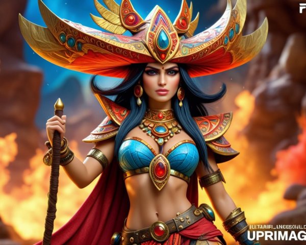 Majestic figure in vibrant armor with fiery backdrop