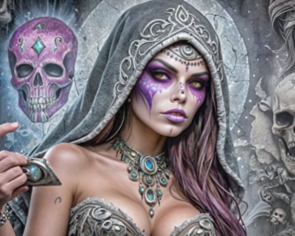 Mystical Woman in Dark Hood with Skull Motifs